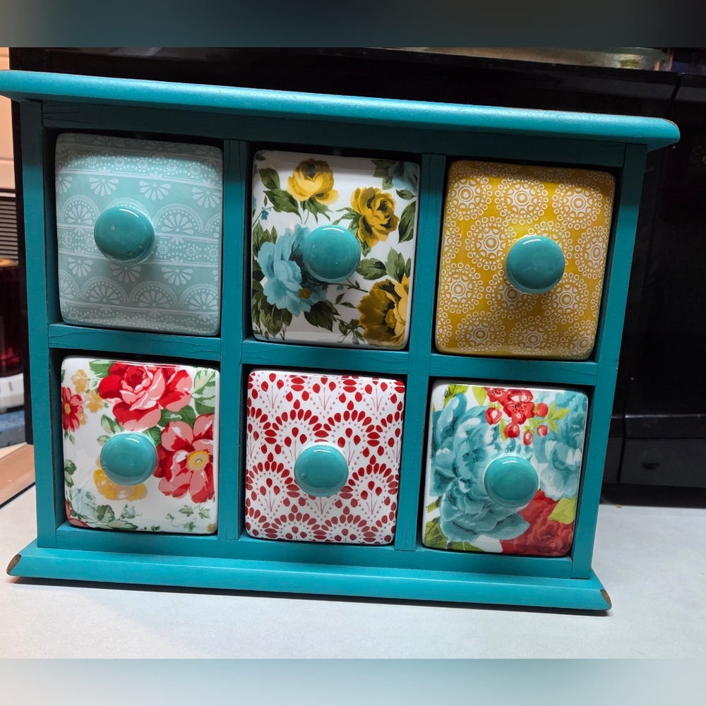 The Pioneer Woman Vintage Destressed Wood Floral 6-Drawer Spice & Tea Box